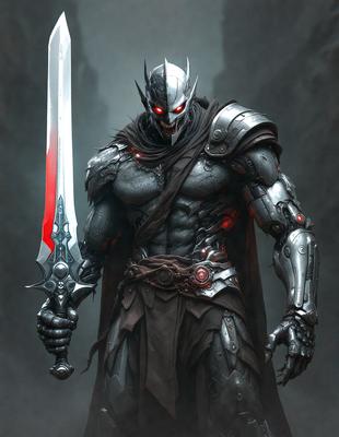 The primary subject of the image is a man dressed in a costume, holding a sword. The setting appears to be a dark, possibly futuristic environment. The visual style is digital art, as the man is depicted in a computer-generated manner. The colors and mood of the image are dark and intense, with the man's costume and the sword creating a sense of danger and power.
